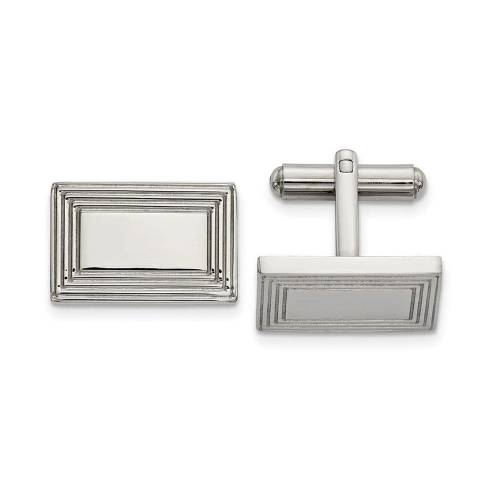 Stainless Steel Grooved Border Rectangle Cuff Links, 19 x 13mm
